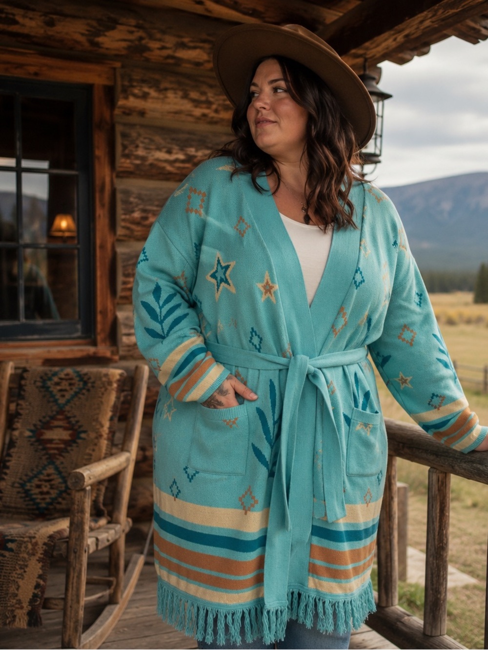 Canyon Retreat 2X Turquoise Southwestern Moon Star Fringe Cotton Cardigan